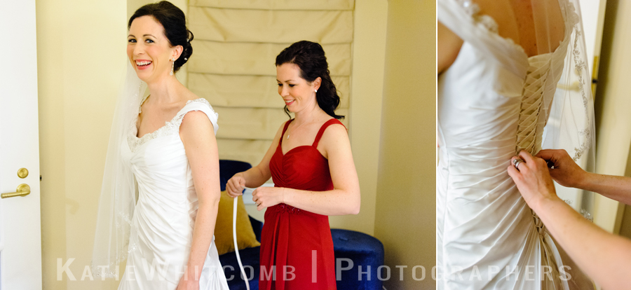 morris inn bride getting into dress