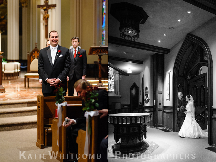 groom's first look at bride at basilica of sacred heart