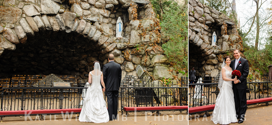 bride and groom praying at the grotto on notre dame campus
