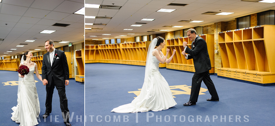 bride & groom inside notre dame football locker room