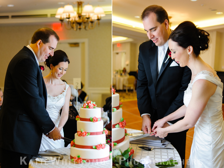 bride and groom cutting cake at reception at morris inn