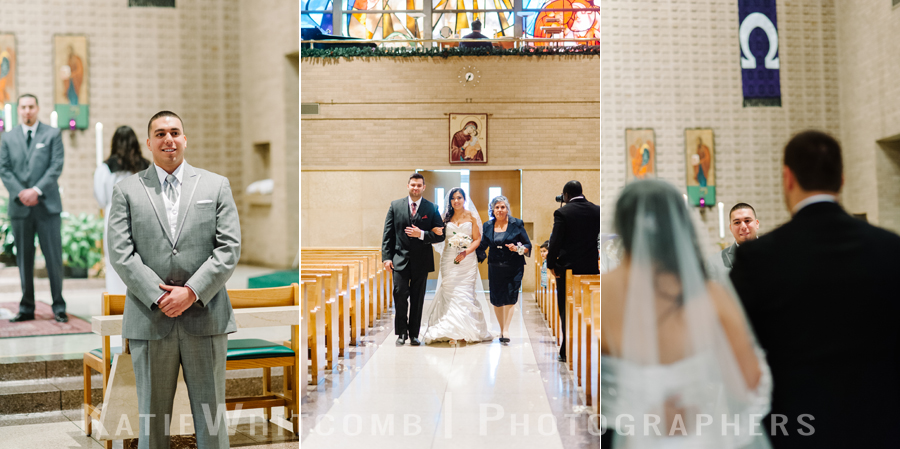 bride brother and mother walking her down the aisle at the church for hispanic ceremony at st matthews church in south bend