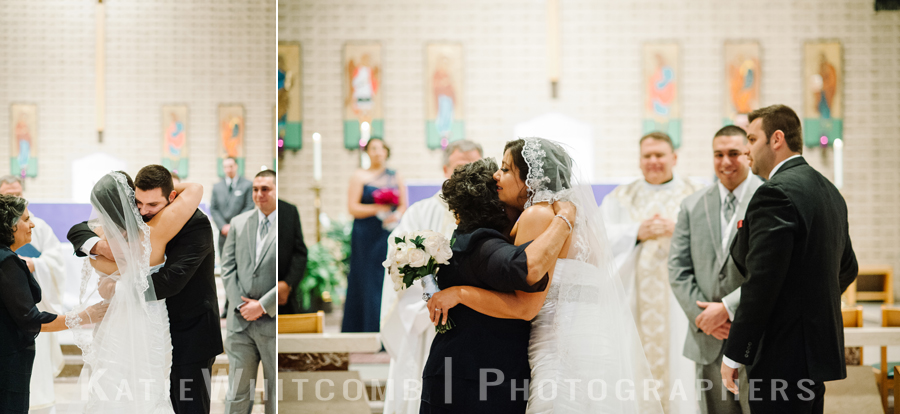 bride hugging her brother and mother at the altar during a hispanic wedding at st matthews church