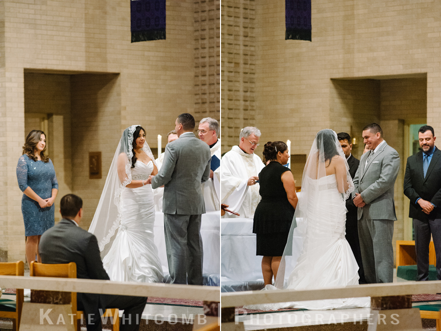 bride and groom saying their vows at st matthews church during a hispanic catholic wedding