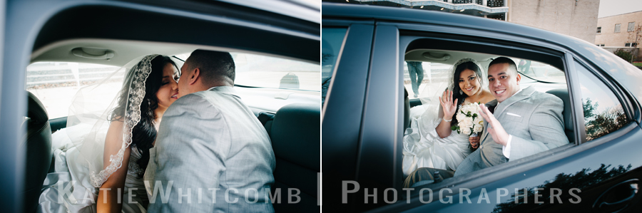 bride and groom kissing in the back of the getaway car