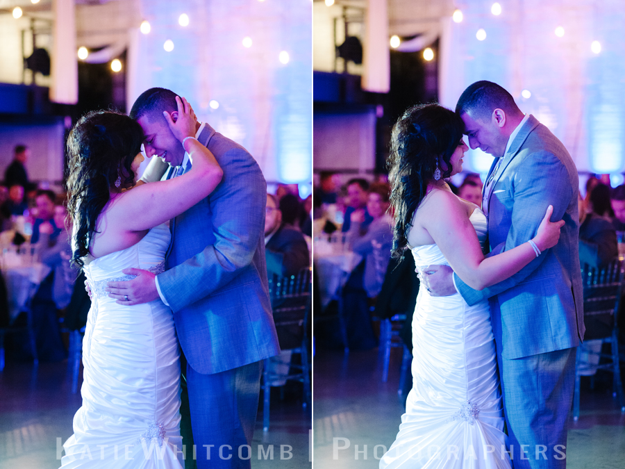 bride and groom's first dance during their wedding reception at the brick in south bend