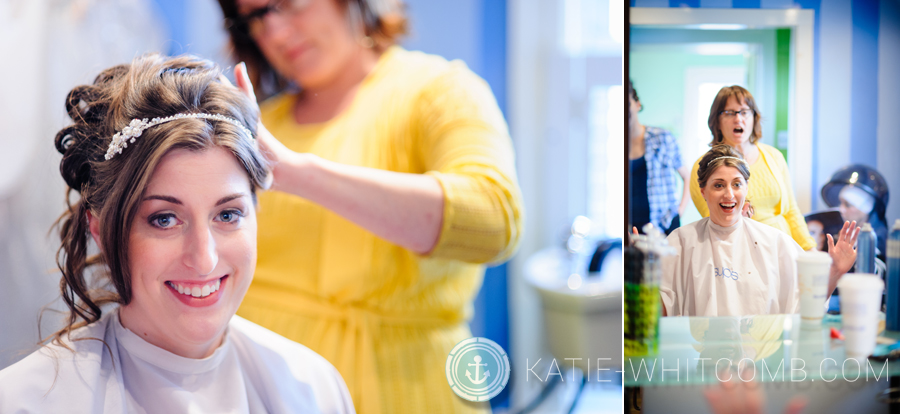 bride getting her hair done at the beehive in south bend