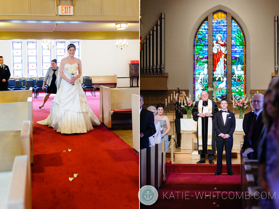 bride walking to her groom during a ceremony at grace united methodist church