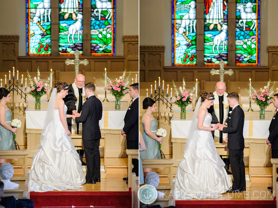 bride and groom exchanging rings during their ceremony at grace united methodist church