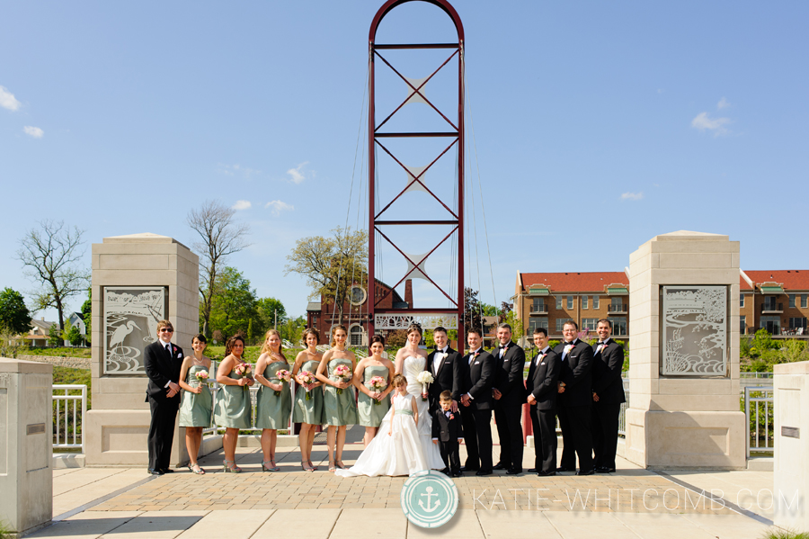 bridal party at the mishawaka riverwalk