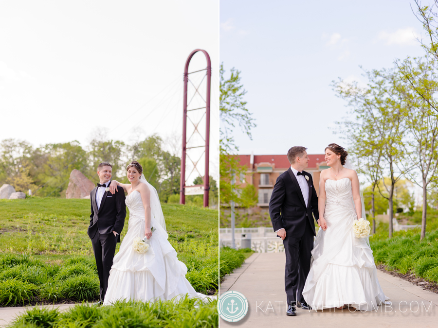 bride and groom at the mishawaka riverwalk