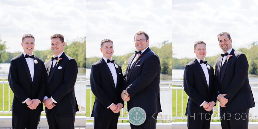 groomsmen with the groom at the mishawaka riverwalk