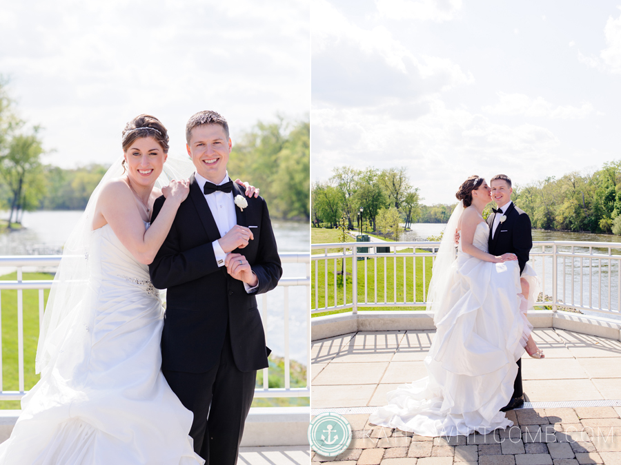 bride and groom posing like james bond at the mishawaka riverwalk