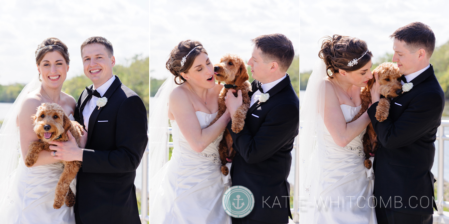 bride and groom's dog joined them at the mishawaka riverwalk