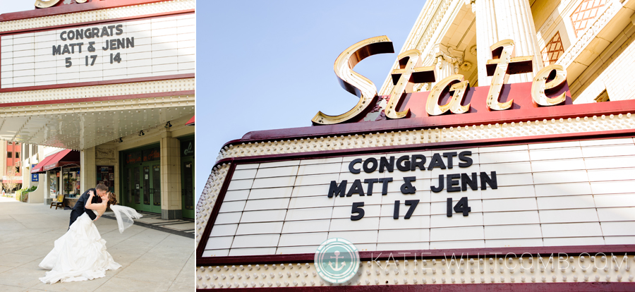 bride and groom's name on the state theater's sign