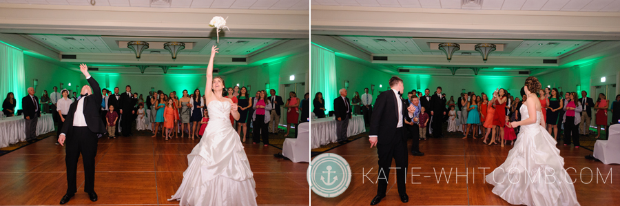 bouquet and garter toss done at the same time during a wedding reception at doubletree by hilton