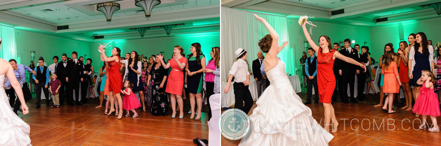 catching the bouquet at a wedding reception at doubletree by hilton