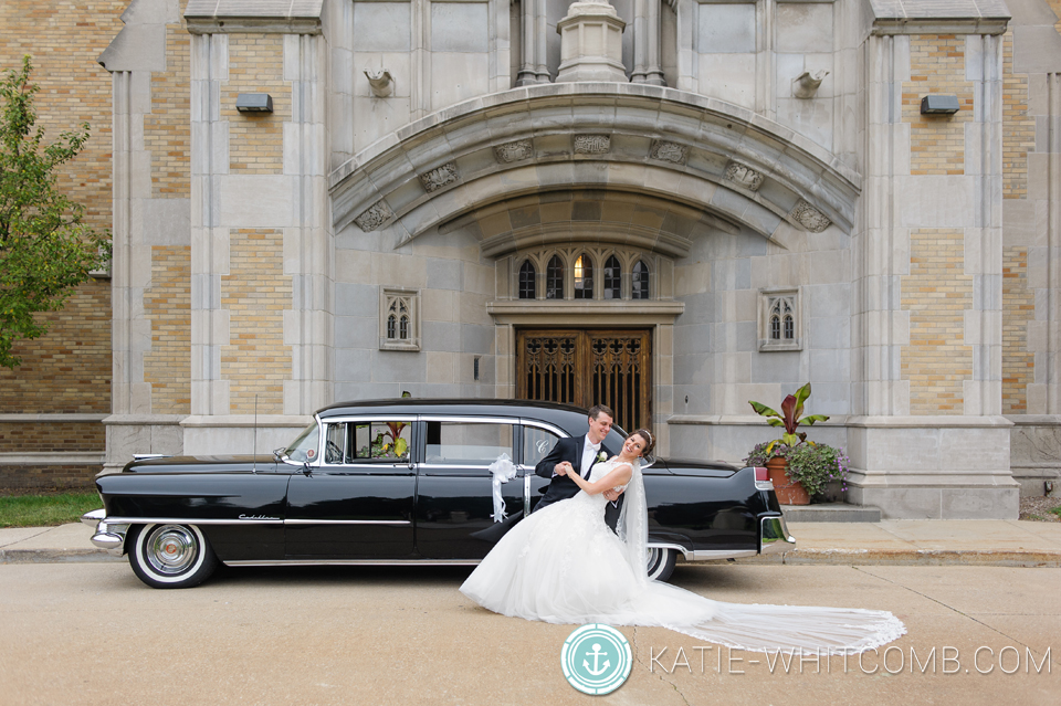 wedding portraits around st. mary's campus with Driving Miss Daisy classic car