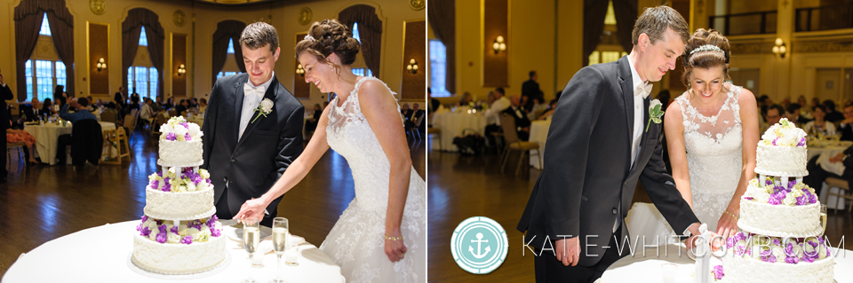 bride & groom cutting their cake at their wedding reception at palais royale