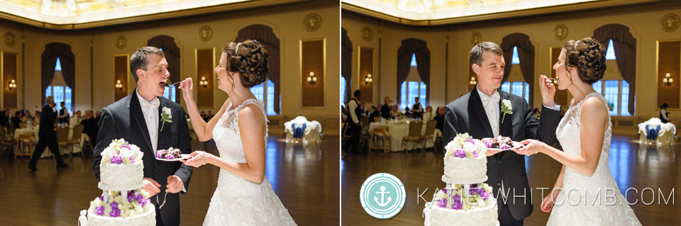 bride & groom cutting their cake at their wedding reception at palais royale