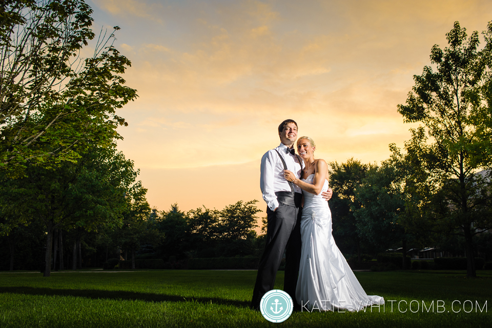 sunset shots of bride and groom after their wedding reception at morris inn at notre dame