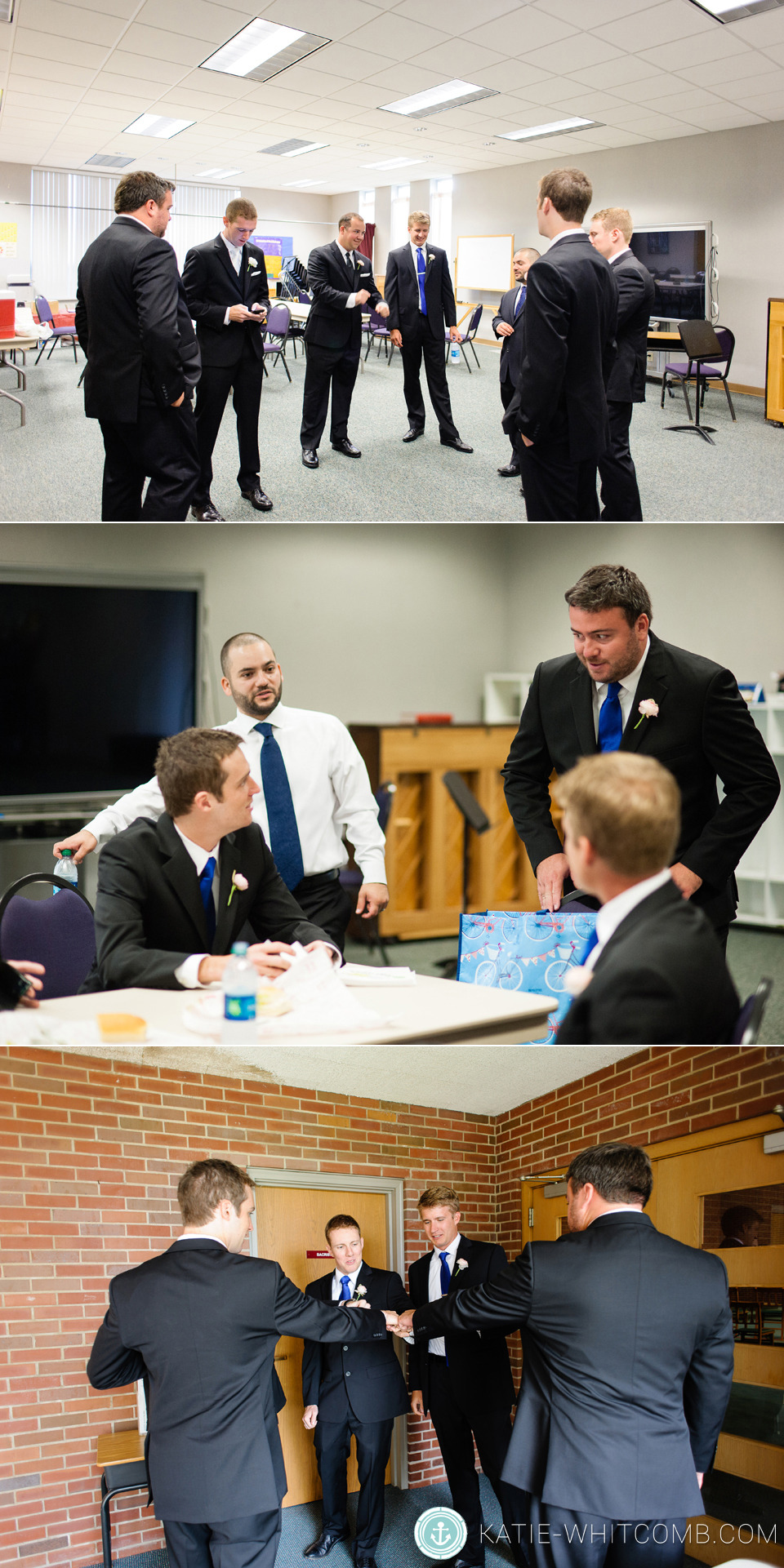 Groomsmen hanging out before the wedding ceremony at St. Anthony's in South Bend