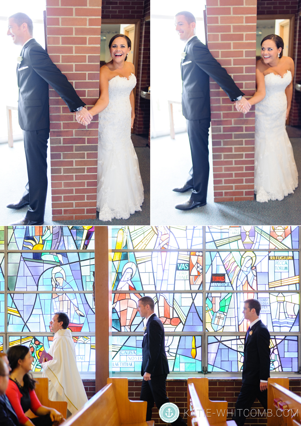 Bride & Groom hold hands before the ceremony at St. Anthony's in South Bend