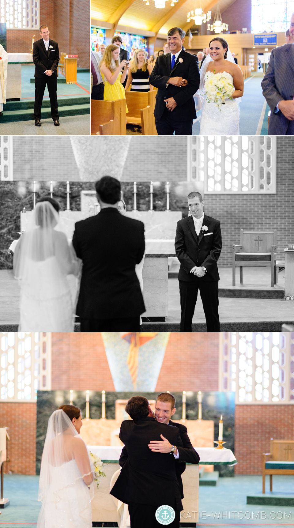 Father of the Bride giving the Bride away to her Groom at a wedding ceremony at St. Anthony's in South Bend