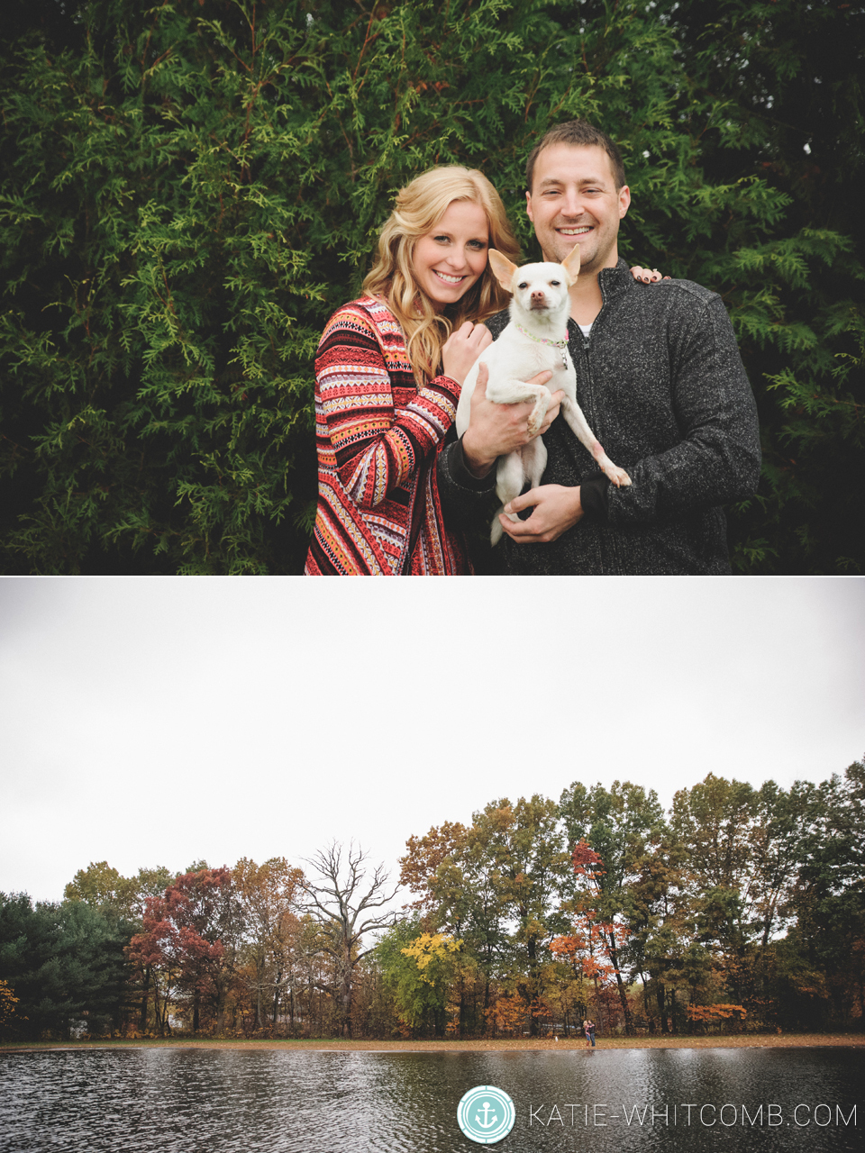 fall engagement session in a blueberry field with their dog in south bend, indiana