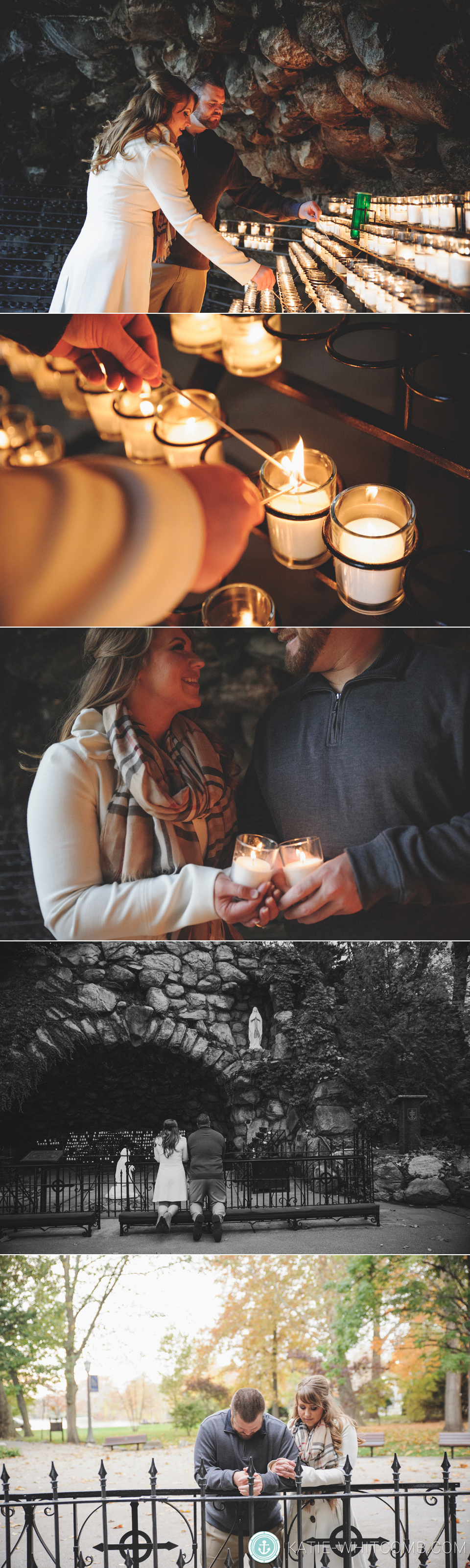 notre dame grotto engagement session in the fall