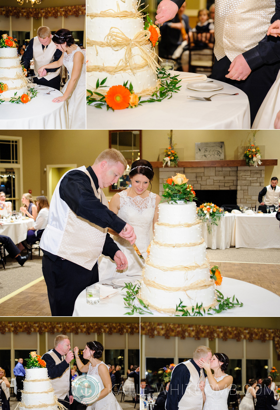 Bride & Groom cutting their cake at their wedding reception at South Bend Country Club