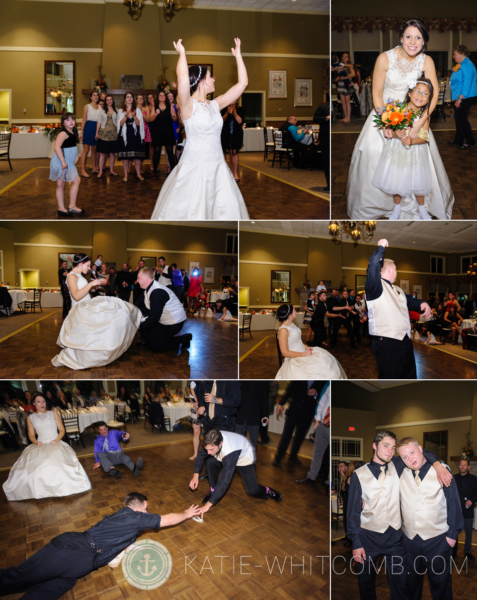 Tossing the bouquet and garter at wedding reception at South Bend Country Club