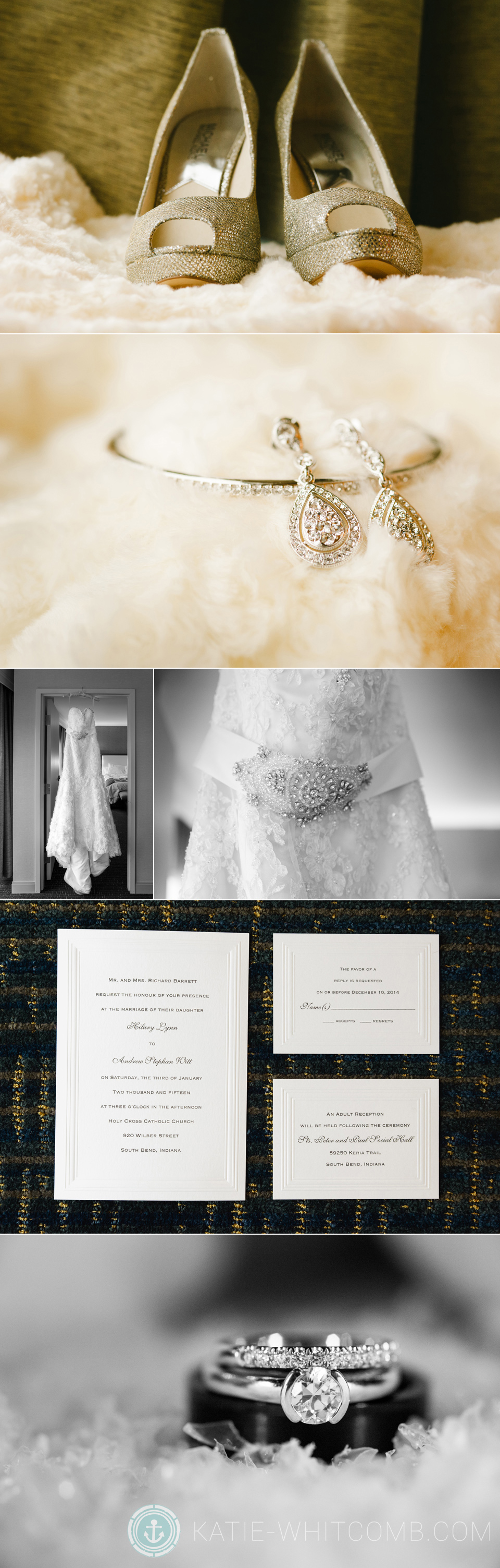 white, cream and antique color bridal details in this winter wedding in South Bend, IN
