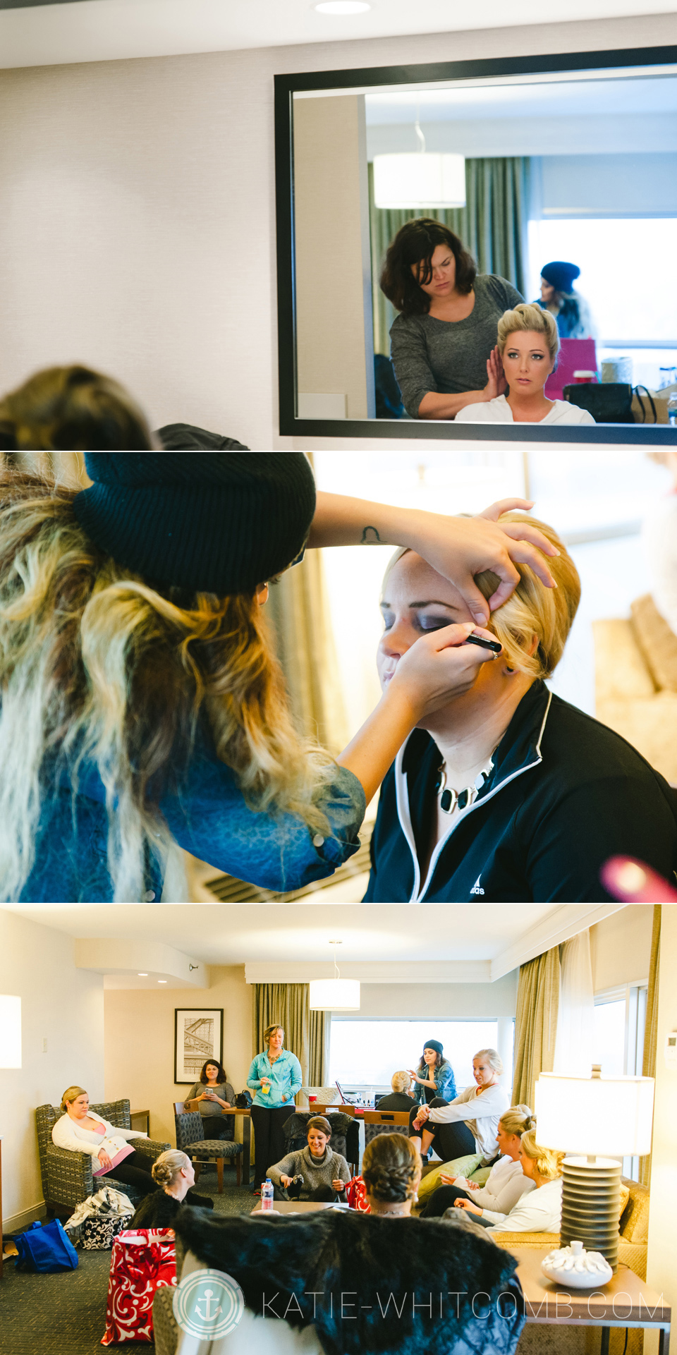 bridal prep with her bridemaids at the DoubleTree by Hilton in South Bend, IN