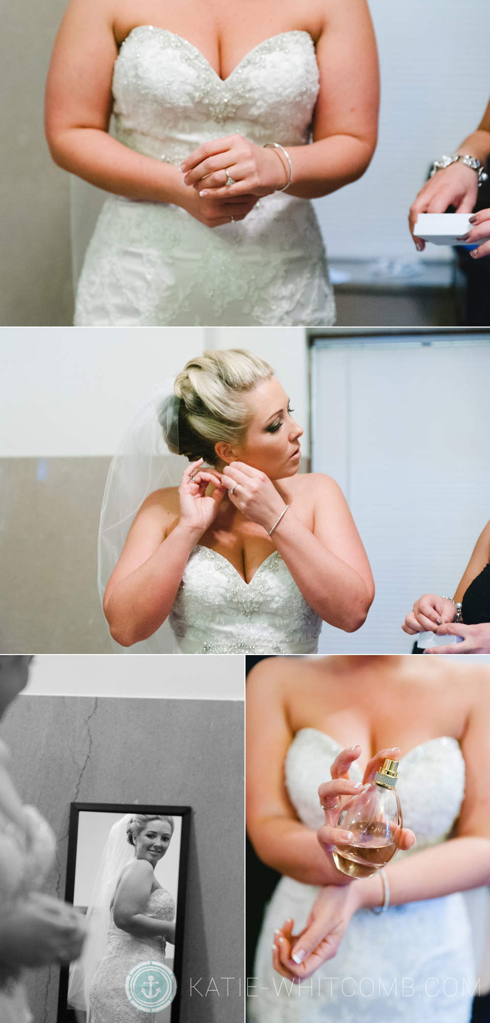 Bride putting on her final details before her winter wedding in South Bend, IN