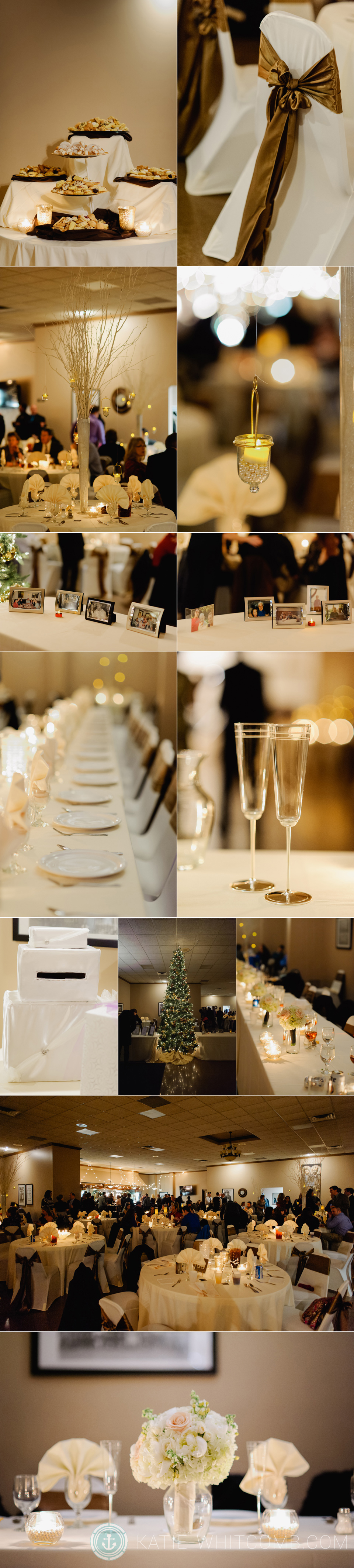 white, cream and antique gold winter wedding details at a reception in South Bend, IN