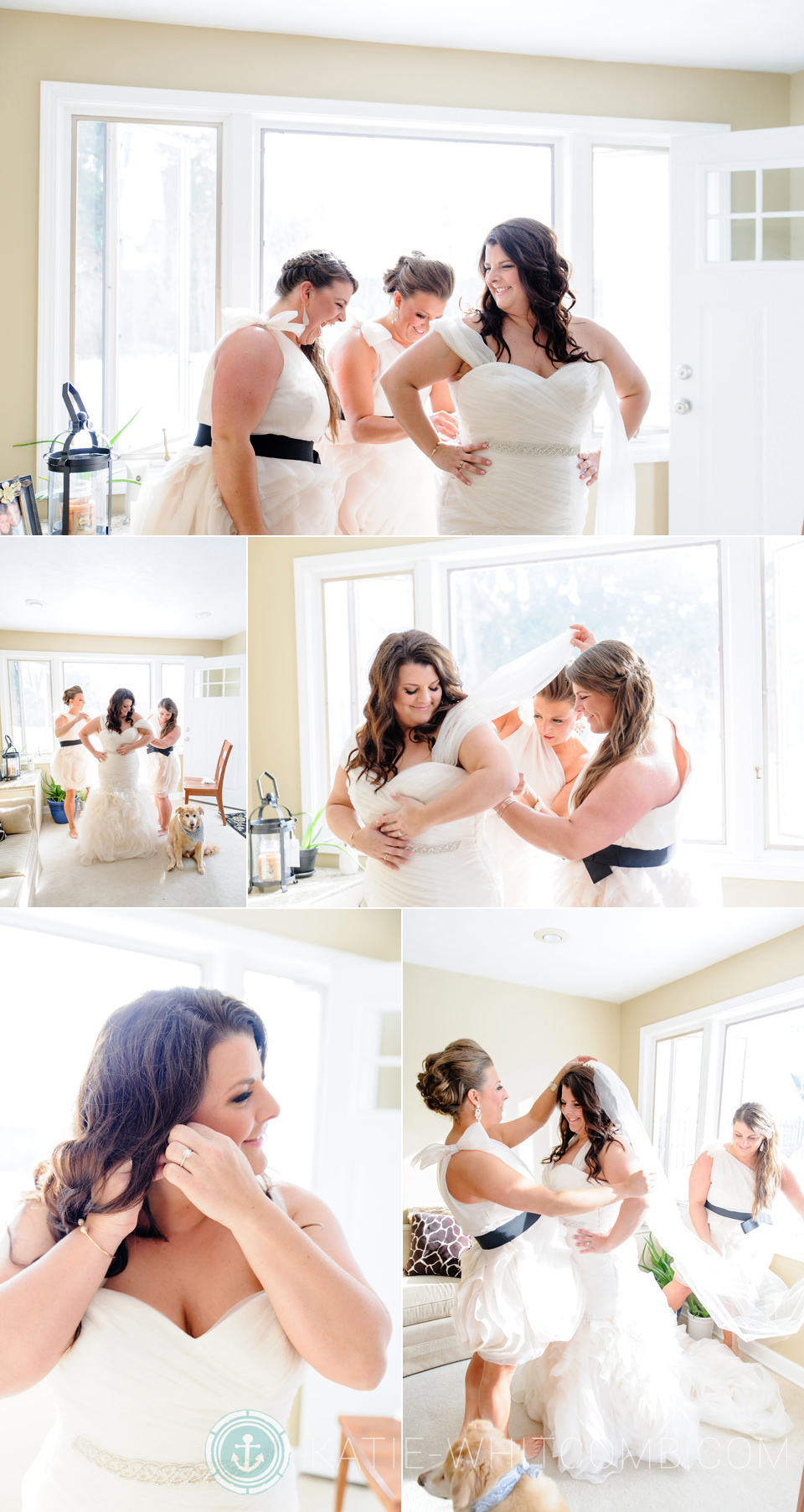 vera wang dresses, bride's sisters helping her get ready for her wedding ceremony