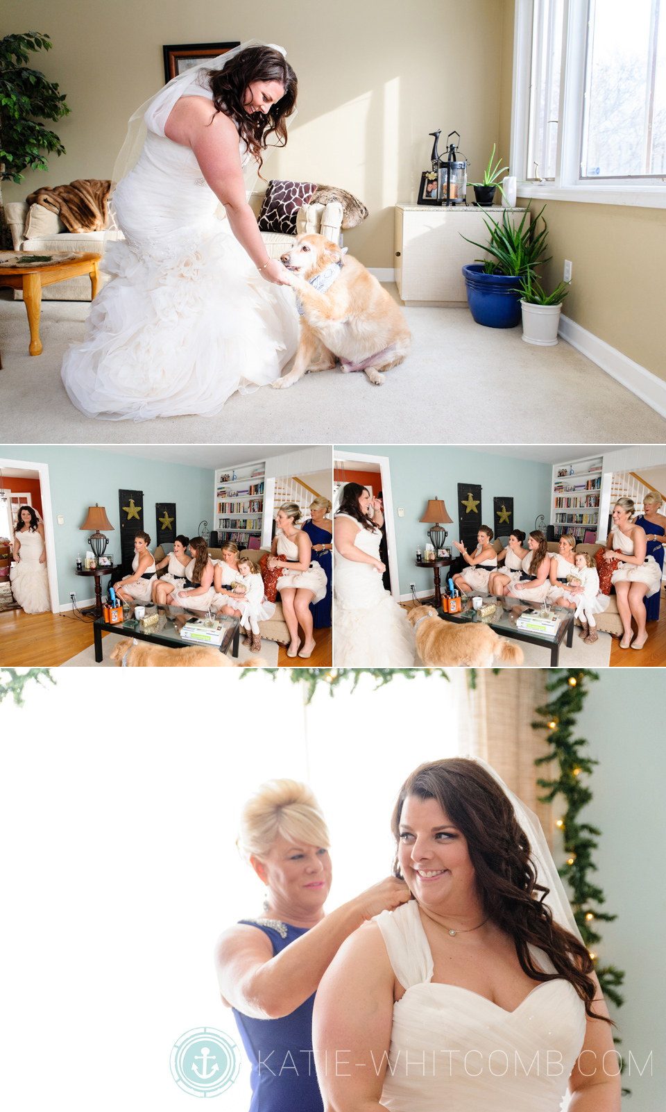 bride and her dog before she has a first look with her bridesmaids and mother