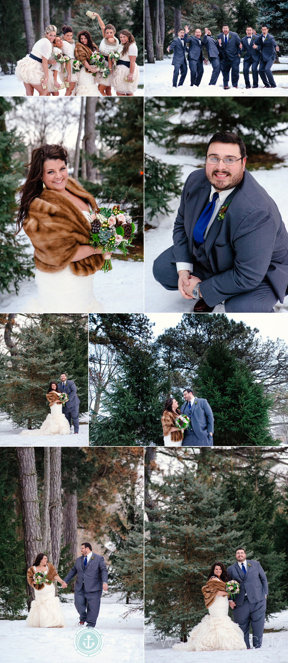 bride and groom during their winter wedding with evergreen trees