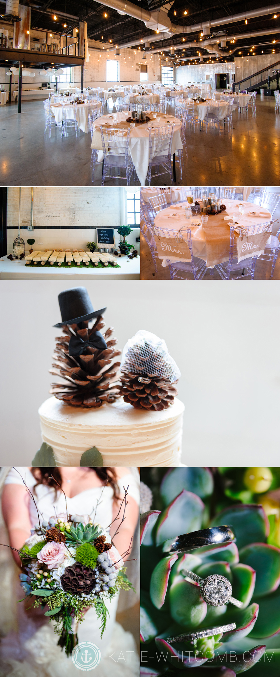winter wedding reception details with pine cones, candles, tree branches, logs, chalkboard
