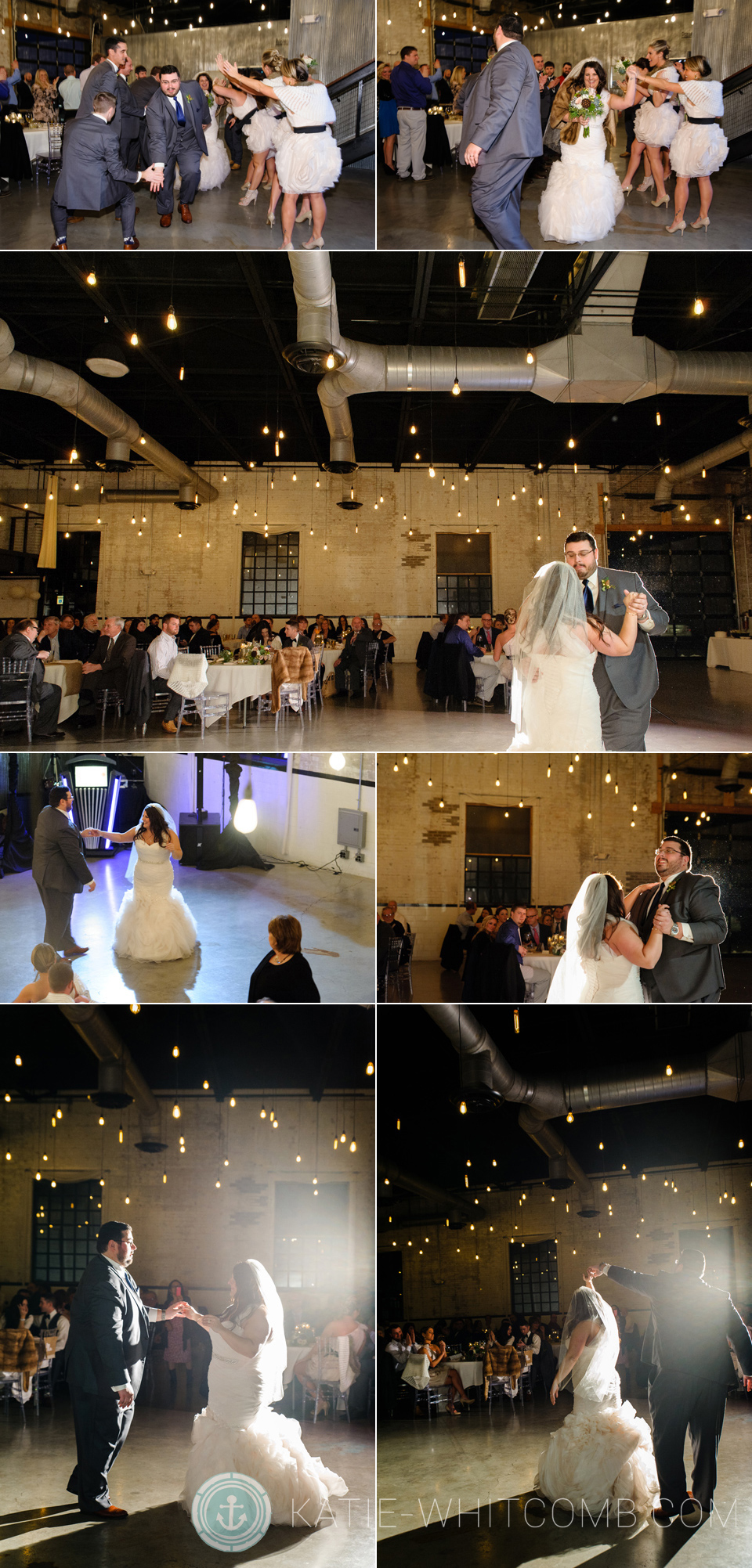 bride and groom's first dance during their winter wedding at the Brick in South Bend