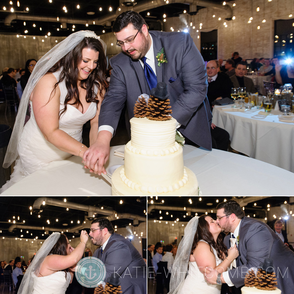 bride and groom cutting their cake during their winter wedding in South Bend