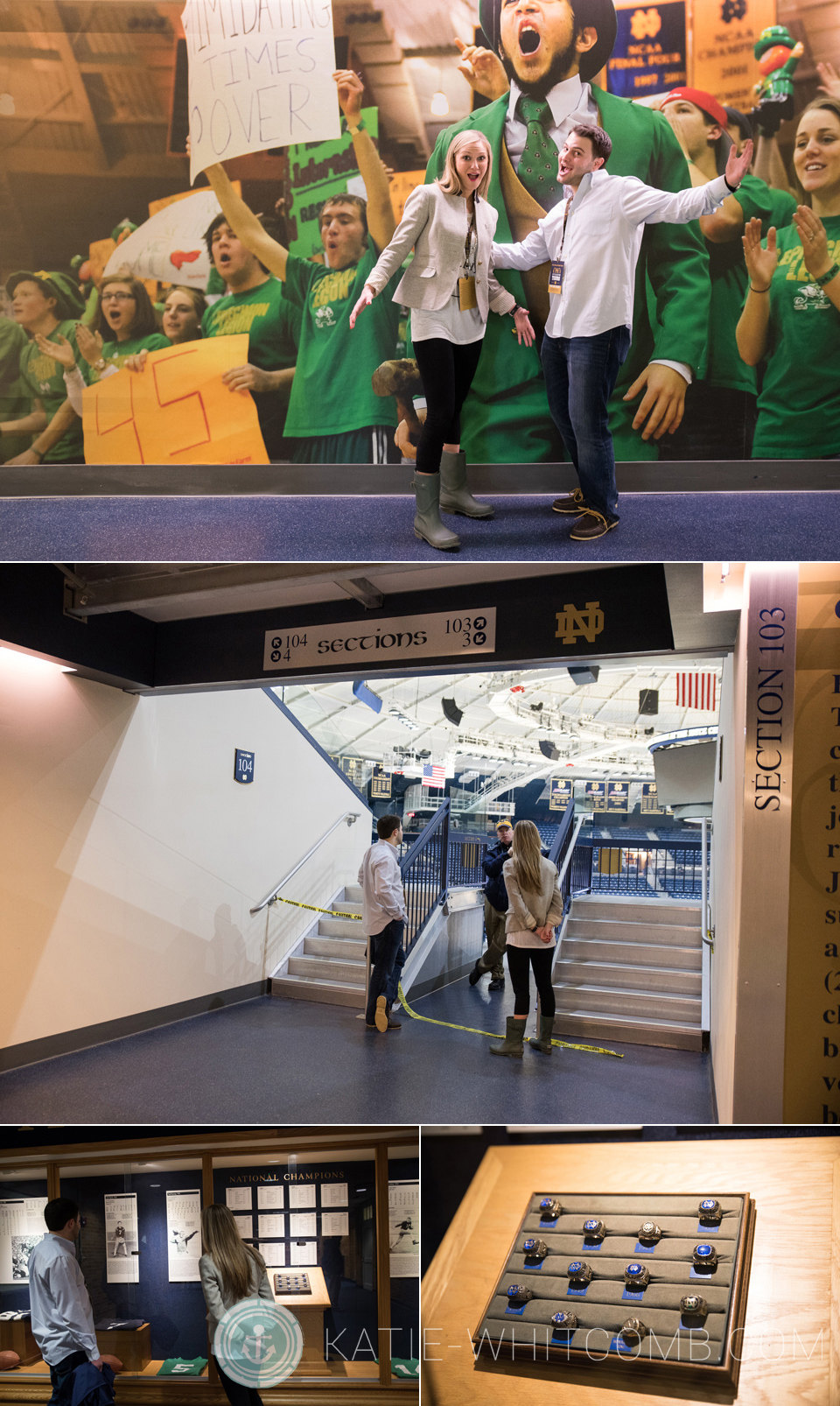 Couple taking a private tour around the Notre Dame athletic facilities after getting engaged
