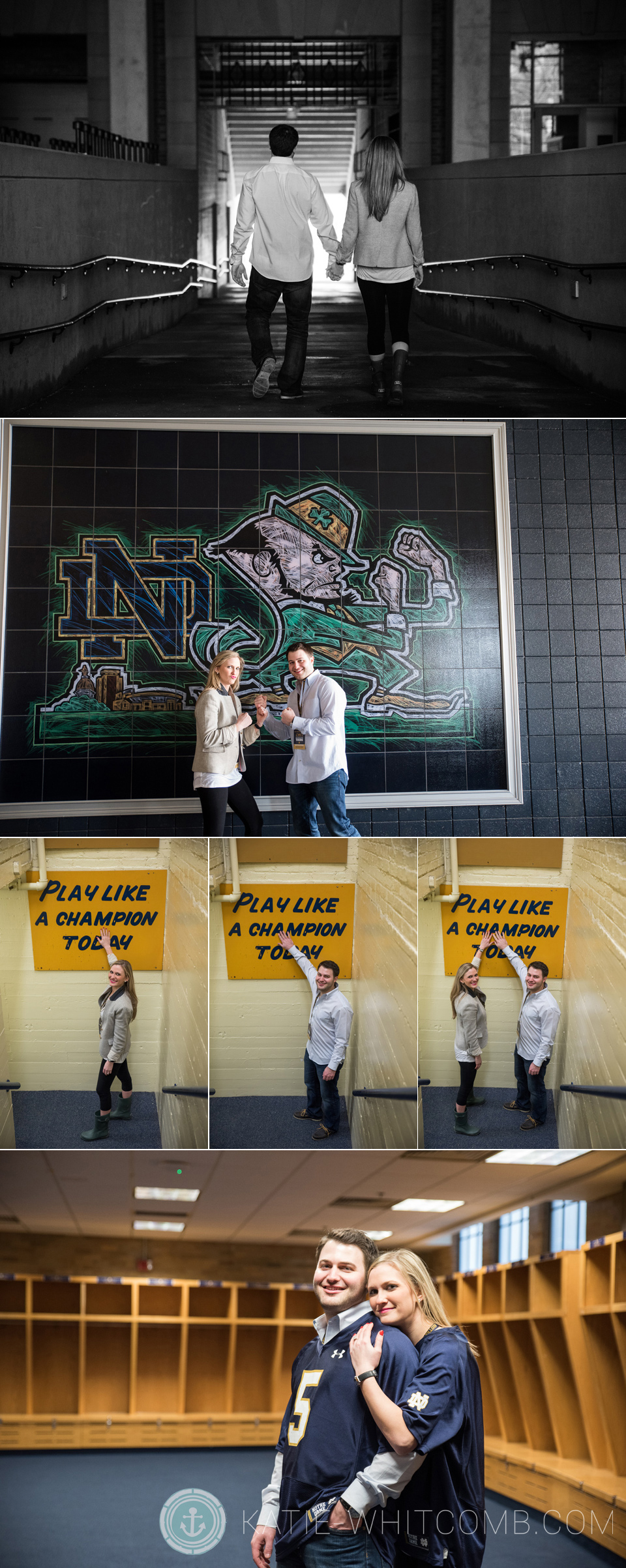 Couple posing around Notre Dame football stadium after getting engaged