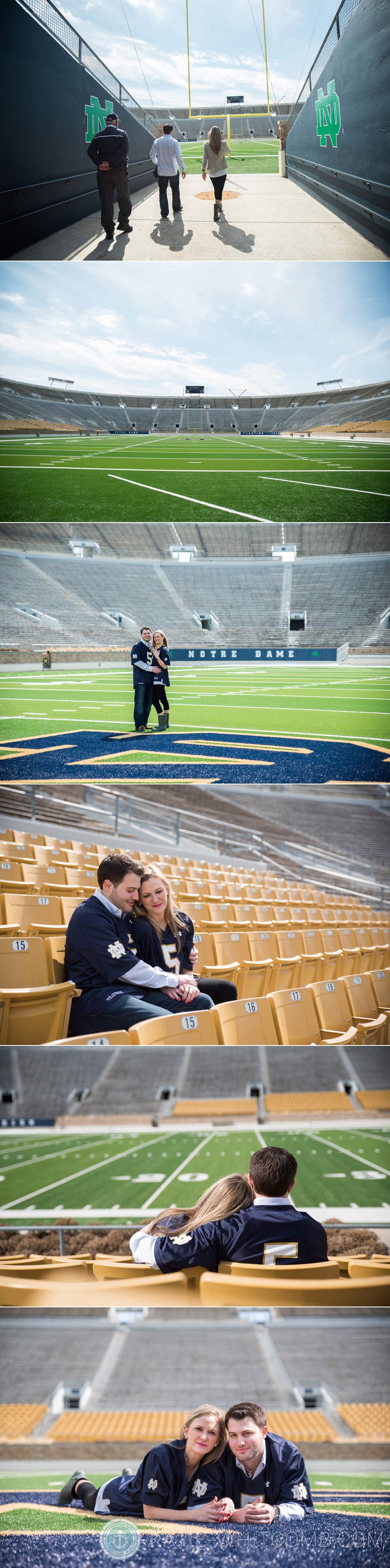 Couple on the Notre Dame football field after getting engaged