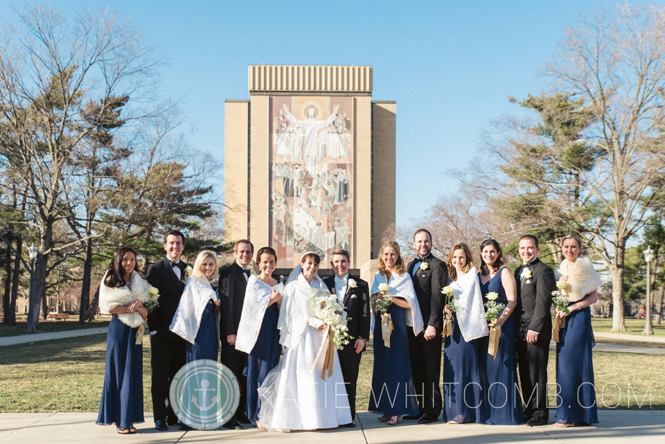 Bridal Party in front of the Library on Notre Dame campus