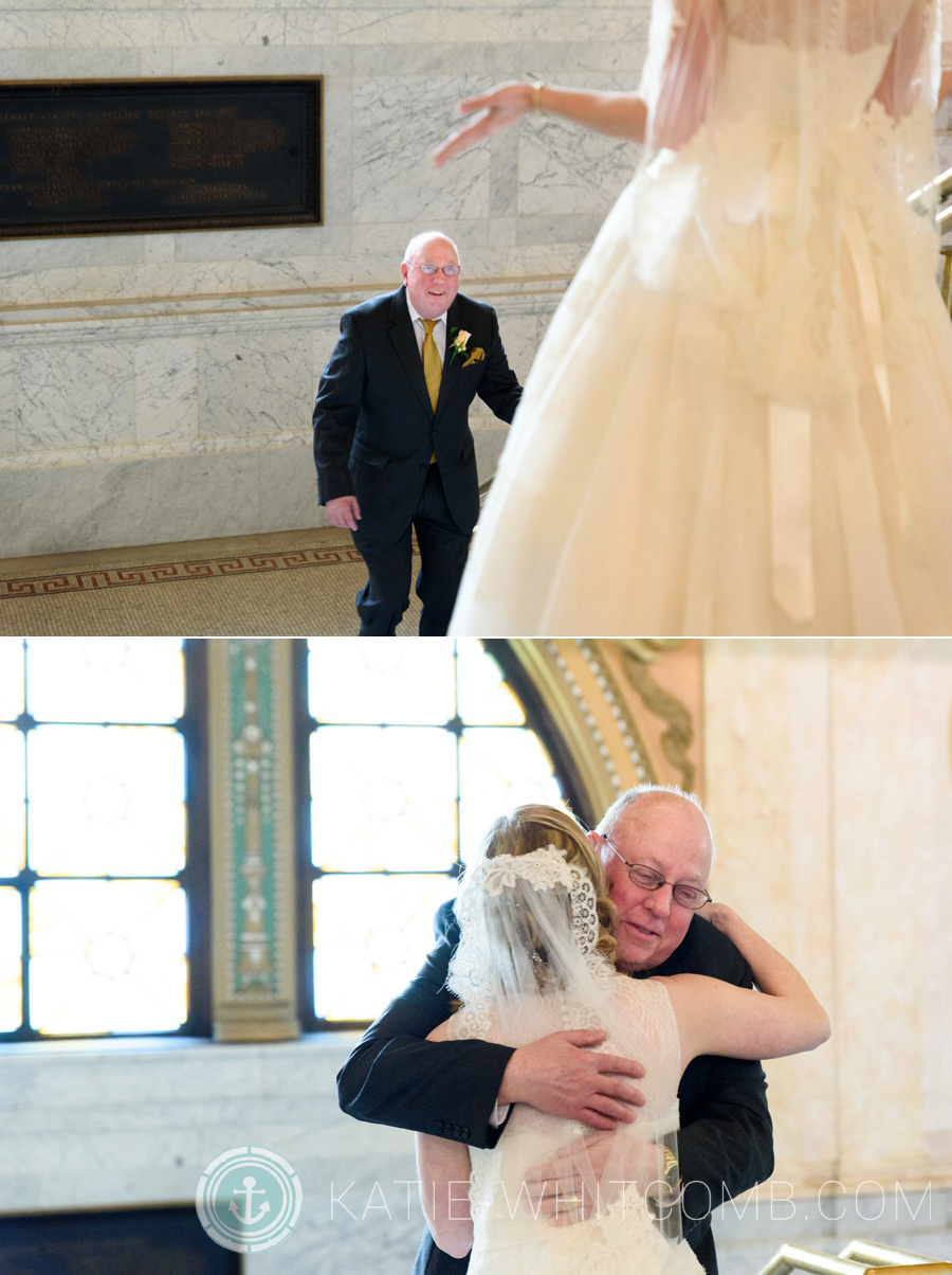 Bride & her father see one another for the first time before her Allen County Courthouse Wedding
