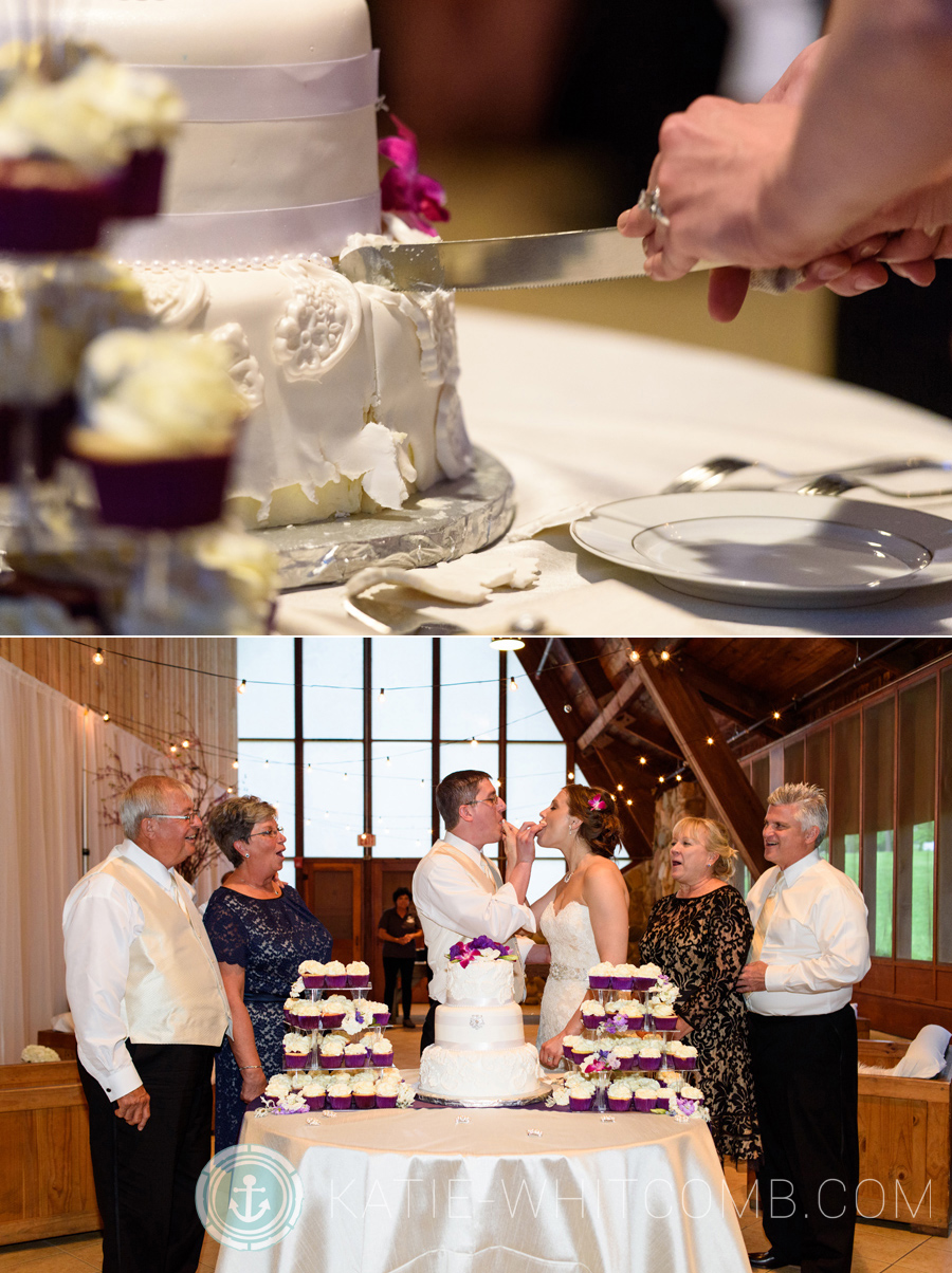 Cake cutting at Woodcraft at Culver Academy wedding reception