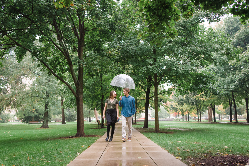 Notre Dame Fall Rain Engagement Photos