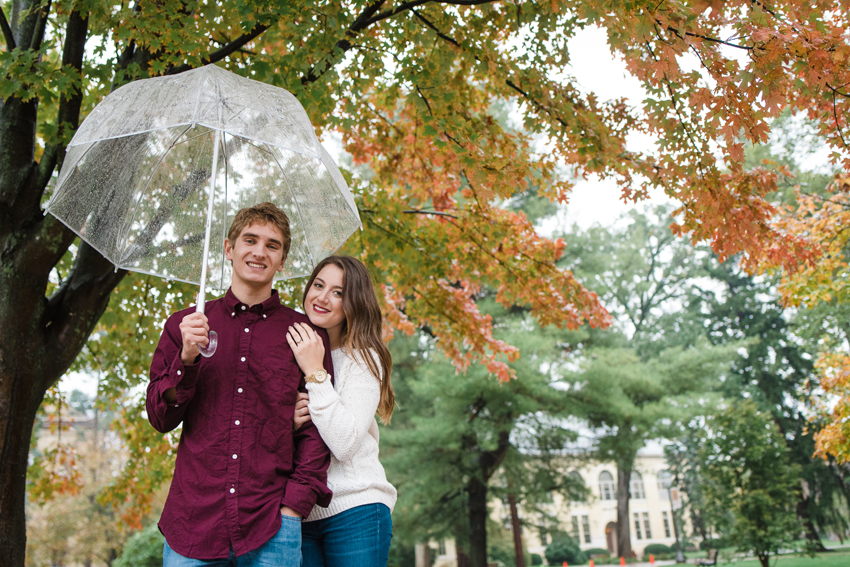 Notre Dame Fall Rain Engagement Photos